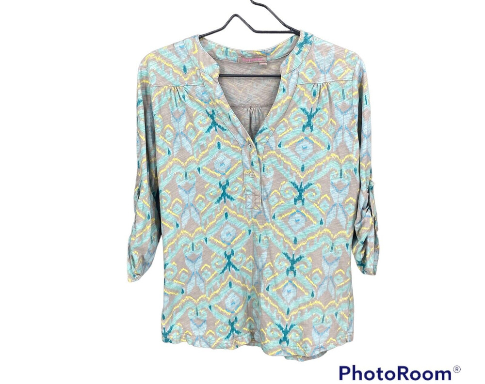 Fresh Produce Women's Ikat Pattern Roll Tab Sleeve Shirt Size XS V Neck Tan Teal